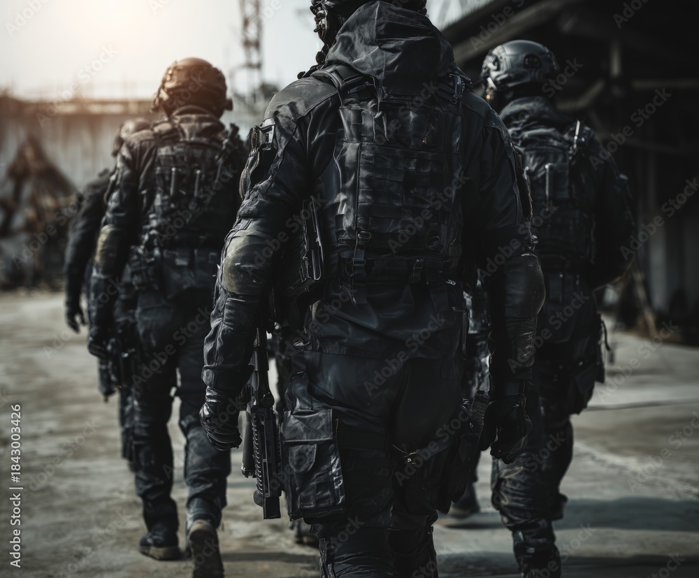 Obraz premium Heavily armed soldiers in tactical gear march through a gritty, sunlit industrial zone. Their synchronized stride and dark armor convey readiness, discipline, and looming conflict.