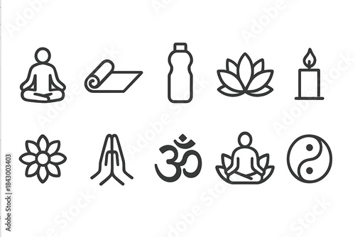 Yoga and meditation linear icon set. featuring lotus, mat, bottle, candle, prayer hands, and om symbols