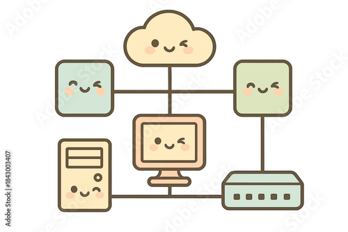 Cute Obsolete Schematics. A cute schematic diagram of obsolete architectures with winking nodes, soft harmonious pastel palette,