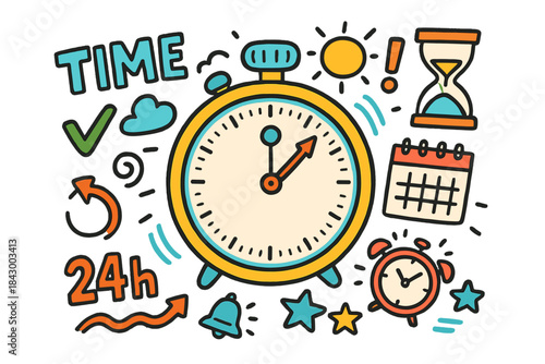 Time management hand-drawn icon set. featuring alarm clock, calendar, hourglass, bell, check mark, and sun symbols