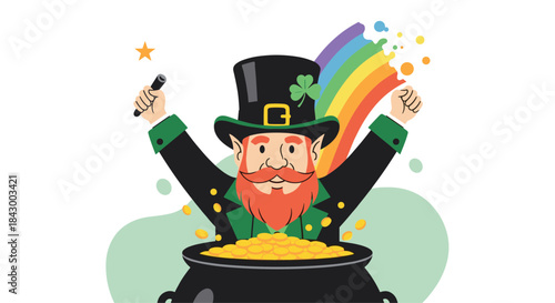 Exuberant leprechaun celebrating with a pot of gold as a rainbow arches overhead and festive sparkles brighten the magical scene.