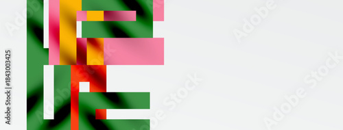 Abstract geometric shapes, vibrant colors dominate composition. Green, pink, yellow, red blend, creating modern visual impact.