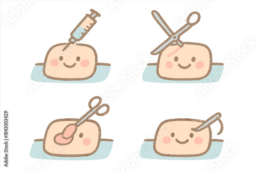 Happy Surgery Art. A cheerful "surgical procedure" step-by-step brush with a smiling face, soft pastel doodle style, No text, No