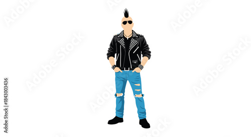 Edgy punk rocker with a tall mohawk and sunglasses and a studded leather jacket stands confidently in ripped blue jeans and black boots.