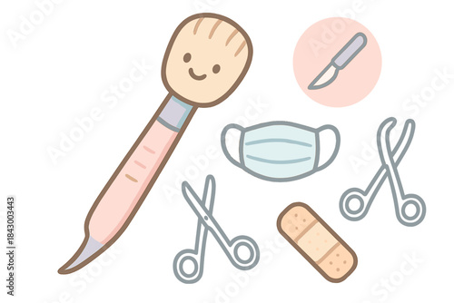 Playful Brush Adventure. A smiling step-by-step brush hovering over playful surgical icons, gentle pastel accents, No text, No