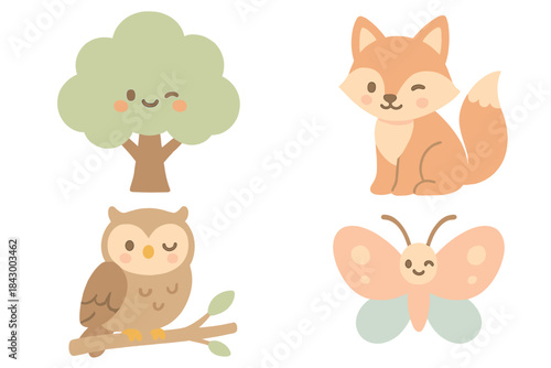 Nature Icons Delight. A cute "nature immersion" activity guide with winking icons of trees and wildlife, soft harmonious pastel