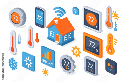 Home automation isometric icon set. featuring thermostat, smartphone, tablet, energy saving, and weather symbols