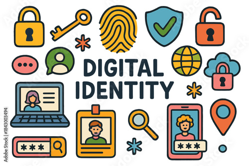 Digital identity linear icon set. featuring lock, key, fingerprint, shield, person, and magnifying glass