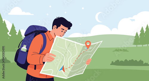 Hiker with a backpack studies a folded map while exploring a green hillside trail under a calm blue sky and plotting the route for the journey ahead.