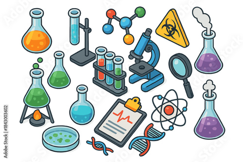 Science equipment flat icon set. featuring microscope, flask, test tube, molecular structure, biohazard, dna, and atom symbols