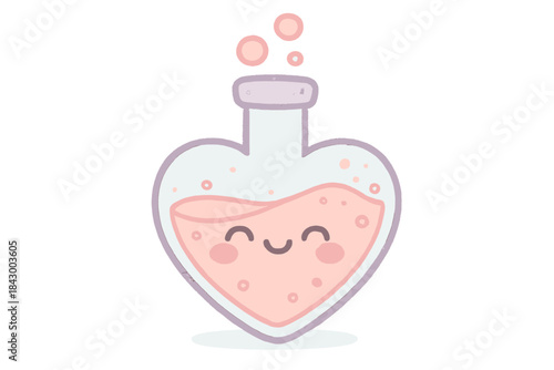 Smiling Heart Flask. A cheerful heart-shaped flask with smiling "emotion elixir," soft pastel doodle style, No text, No labels,