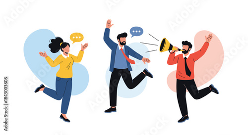 Three colleagues celebrate teamwork and success in a lively office scene with cheer a megaphone and speech bubbles showing motivation and collaboration.