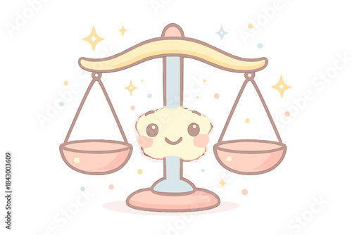 Sparkling Balance Scale. A smiling emotional balance scale with tiny floating sparkles, gentle pastel accents, No text, No labels,