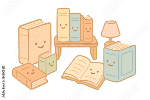 Cozy Smiling Books. A tiny "historical context" reference library with smiling books, cozy pastel doodle colors, No text, No