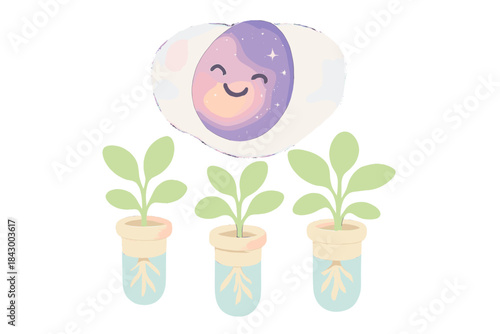 Cosmic Seed with Plants. A smiling cosmic seed floating above joyful hydroponic plants, gentle pastel accents, No text, No labels,