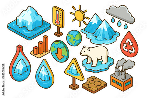 Climate change flat icon set. featuring glacier, thermometer, sun, mountains, rain, polar bear, recycle, factory