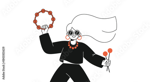 Stylish dancer in black with flowing scarf wears sunglasses and bright red jewelry while twirling a tambourine and drumsticks at a lively festive performance.