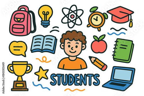 Education flat icon set. featuring student, backpack, lightbulb, atom, alarm, cap, book, apple, trophy, laptop