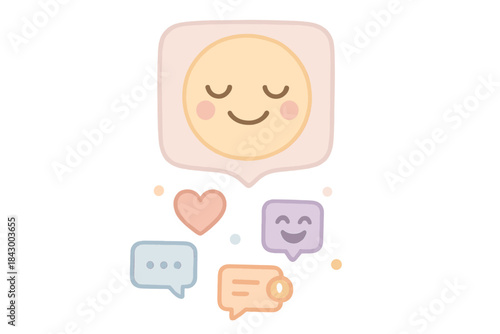 Mindful Filter Glow. A smiling mindful filter hovering above tiny joyful notifications, gentle pastel accents, No text, No labels,