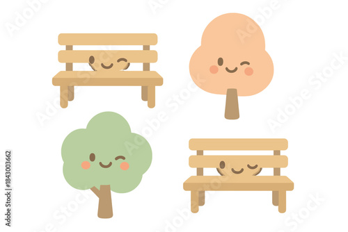 Pastel Community Space Icons. A cute "community space" design tool with winking icons of benches and trees, soft harmonious pastel