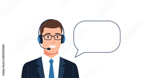 Friendly customer service agent wearing a headset and suit speaks to assist clients and provide helpful support over the phone and online.