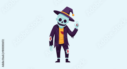 Spooky friendly skeleton dressed as a witch stands in a Halloween scene wearing a tattered coat and orange shirt with a curling smoke ring near its finger.