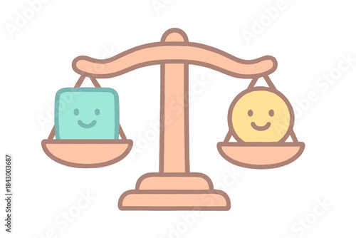 Tech-Positive Parenting Balance. A tiny "tech-positive parenting" balance scale with cheerful weights, cozy pastel doodle colors,