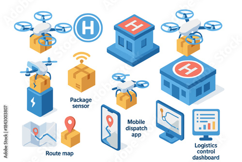Logistics technology isometric icon set. featuring drone, package, warehouse, map, app, and dashboard symbols