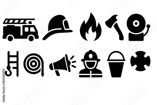 Fire safety silhouette icon set. featuring firefighter, helmet, fire, axe, siren, ladder, hose, megaphone, and bucket symbols