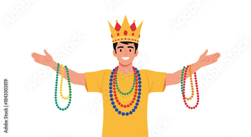 King in a bright yellow shirt wearing a crown and layered beads smiles with open arms in a festive and vibrant illustration celebrating joy and royalty.