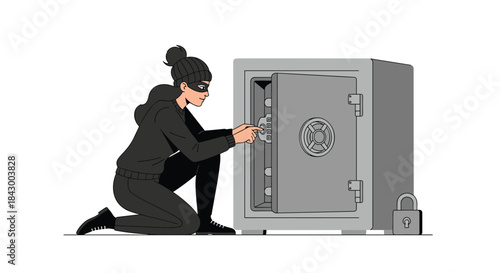 Nighttime burglar in black clothing kneels beside a large safe and uses a tool to crack the lock while wearing a beanie and mask.