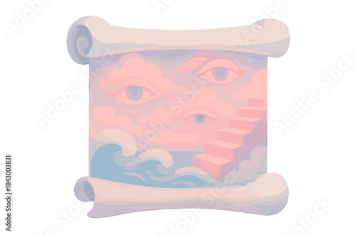 Dreamlike Cloud Scroll. a cloud scroll unfolding with a dream topography of waves, eyes, and stairs, soft pink and sky blue tones,