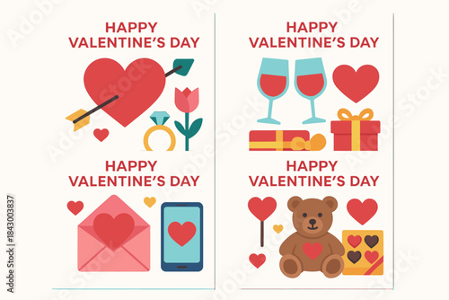 Valentine's day flat icon set. featuring heart, arrow, ring, tulip, gift, wine, teddy bear, and envelope symbols