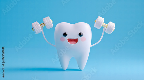 A cartoon tooth character holding dumbbells