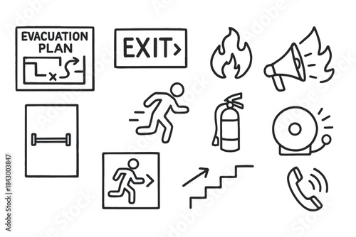 Emergency symbols linear icon set. featuring evacuation plan, exit, fire, alarm, extinguisher, megaphone, call, stairs