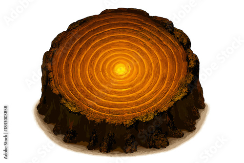 Tree Memory Rings. a cross-section of a tree trunk with glowing rings showing memories of each passing season, amber and moss