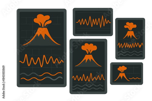 Volcano Prediction Screens. a cluster of cheerful digital screens showing eruption prediction algorithms with volcano icons and