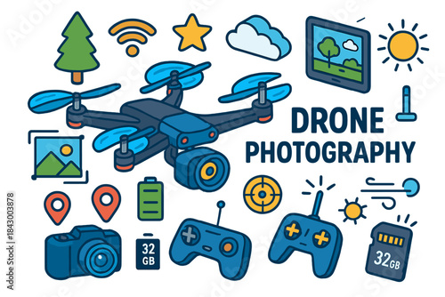 Drone photography flat icon set. featuring drone, camera, controller, gps, landscape, and sunrise symbols