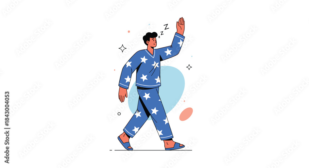 Fototapeta premium Person in a blue star patterned outfit walks proudly with a raised hand through a playful modern illustration featuring bold shapes and a bright cheerful vibe.