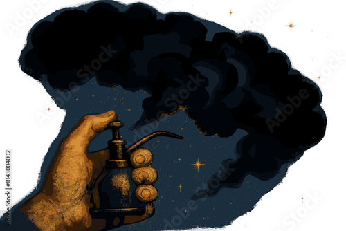 Nightmare Release Tool. a small handheld tool releasing dark clouds gently into starlit air, symbolizing nightmare release, indigo