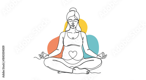 Serene meditation scene featuring a pregnant woman sitting cross legged with hands resting on knees and a heart shaped belly against colorful abstract shapes.