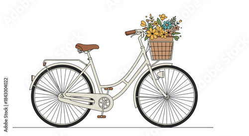 Colorful vintage bicycle with a woven basket full of bright flowers and a comfortable brown saddle on a clean white background.
