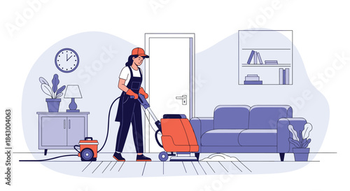 In a modern living room a professional cleaner operates a carpet cleaning machine beside a blue sofa and tidy shelves in a calm bright setting.