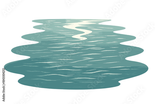 Calm River Illustration. a calm river illustration showing smooth, endless movement with soft shimmer lines, teal and cream tones,
