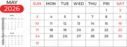Clean May 2026 Calendar Design Featuring Next & Previous Months