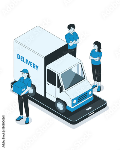 Isometric delivery truck illustration, modern logistics service scene, courier teamwork concept, flat vector style, urban last mile shipping, professional transportation workflow design

