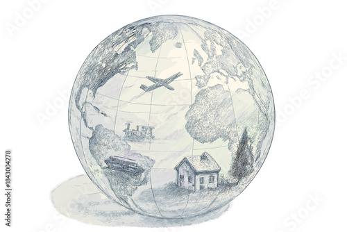 Dynamic Shadow Globe. a transparent globe showing dynamic shadow paths over miniature objects, soft graphite and blue tones, No