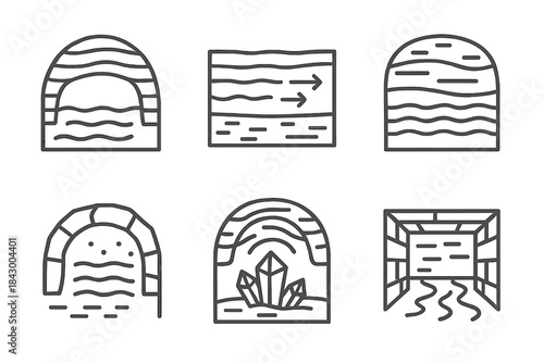Geological Icons Collection. Icons for: geological current chambers, rock-layered water routes, stratified aquifer spaces,