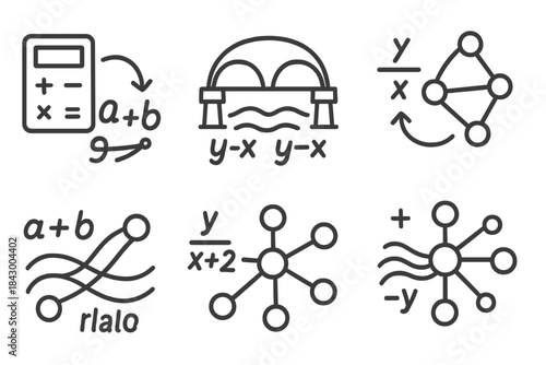 Mathematical Connection Icons. Icons for: transforming calculations into connections, flowing numeric bridges, equations turning