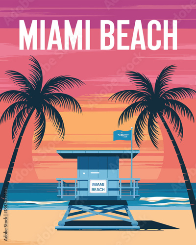 Miami Beach vintage travel poster, iconic lifeguard tower at sunset, tropical palm silhouette illustration, coastal Florida vacation artwork, retro seaside destination design